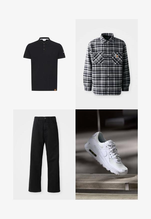 Zwart-witte geblokte flanellen shirt met lange mouwen, twee borstzakken en een vierkante logo patch op de rechterzak. Knopen sluiting.; Zwarte polo met een effen kleur, voorzien van een klassieke kraag, een knoopsluiting met drie bruine knoppen en een getextureerde patch met logo op de mouw.; Zwarte denim broek met een rechte pasvorm, voorzien van voorzakken, een rits en een enkele bovenste knoop. Gestructureerde stof met een matte afwerking.; Witte Nike Air Max 90 sneaker met een bovenwerk van mesh en leer, een geperforeerde teenbox en een zichtbare luchtunit in de hiel.