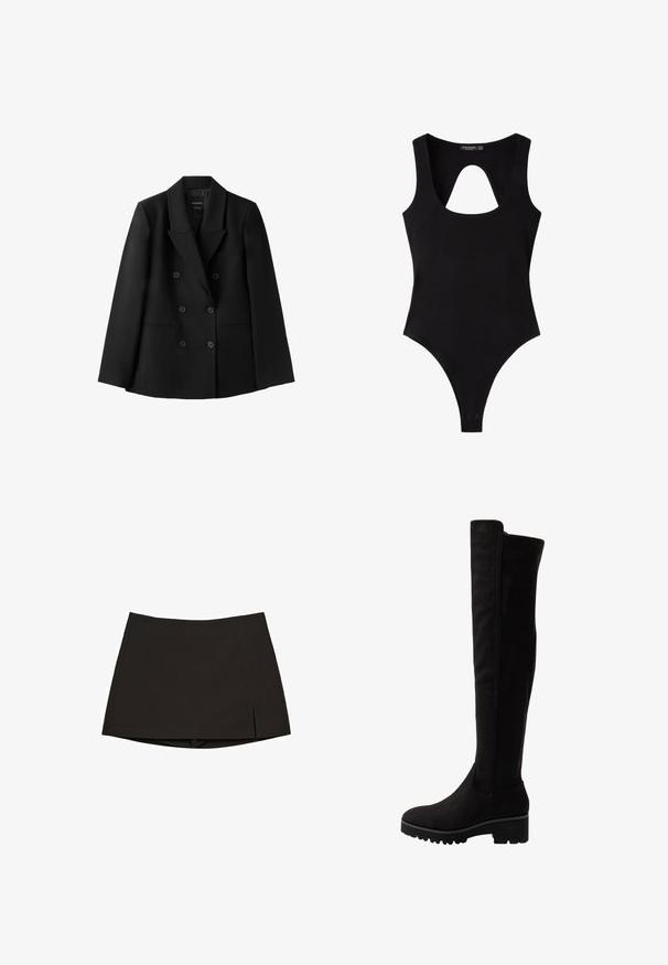 Blazer noir croisé à six boutons, col à revers cranté et deux poches avant, présenté sur fond blanc.; Body noir sans manches avec un décolleté arrondi et une découpe en forme de trou de serrure sur la poitrine, avec des boutons-pression à l'entrejambe.; Mini-jupe noire en tissu lisse, avec une coupe droite, des fentes latérales et un ourlet net. Simple et polyvalente.; Bottes noires au-dessus du genou en suede doux avec une semelle plate, dotées d'un bout rond et de panneaux élastiques sur les côtés pour un enfilage facile.