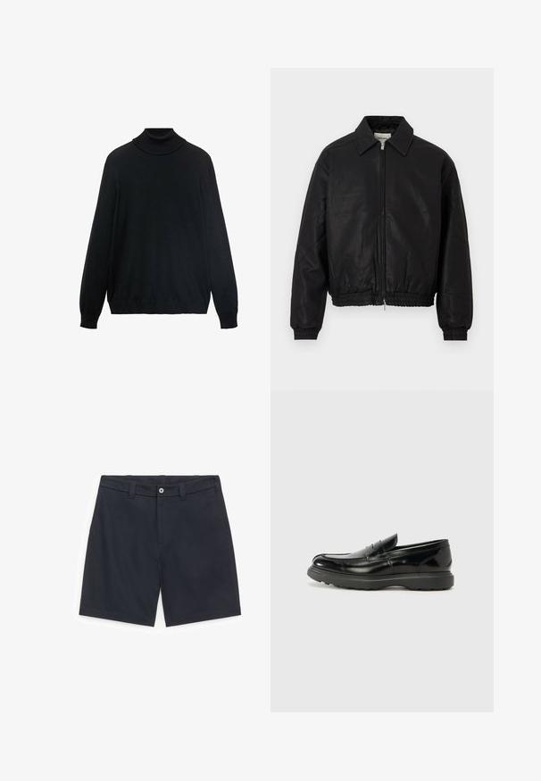 Chaqueta bomber de cuero negro con cremallera frontal, cuello puntiagudo, puños elásticos y cinturilla elástica, exhibida sobre un fondo blanco.; Suéter negro de cuello alto con un collar ajustado, mangas largas y puños y dobladillo de canalé. Fabricado con una tela suave y elástica de textura lisa.; Pantalones cortos negros a medida con trabillas para cinturón, cierre frontal de botones y bolsillos laterales, extendidos sobre un fondo blanco.; Mocasín de cuero negro con un acabado brillante, punta redondeada, detalles de costura sutiles y una suela de goma gruesa para mayor durabilidad.