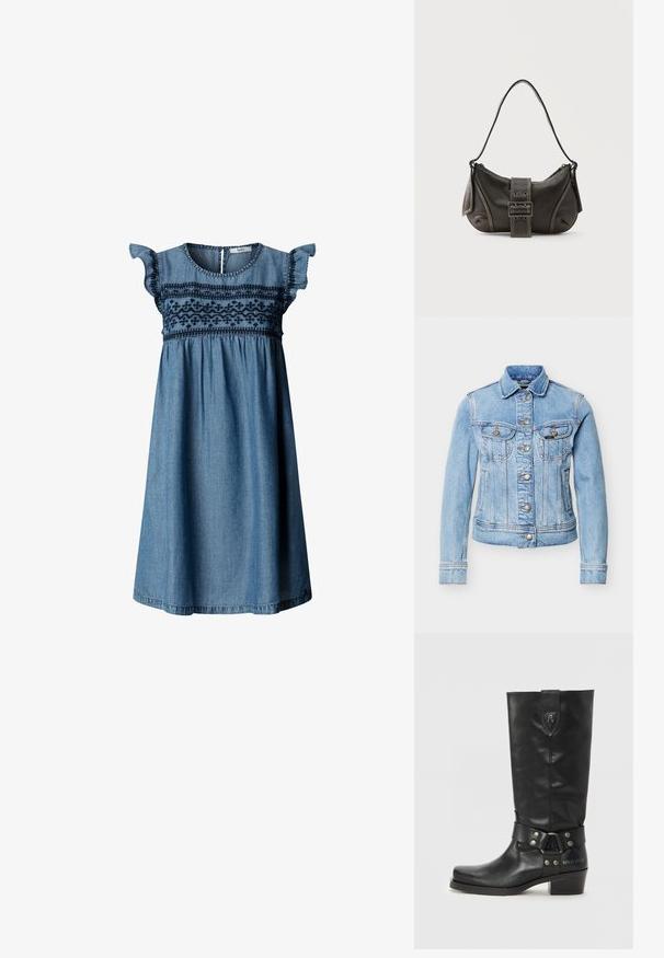 Hellblaue Jeansjacke mit Knopfleiste, zwei Brustklappentaschen, Seitentaschen und langen Ärmeln vor einfarbigem Hintergrund.; Blaues Denimkleid mit Fledermausärmeln und besticktem Blumenmuster auf der Brust, mit rundem Ausschnitt und geraffter Taille.; Schwarze kniehohe Stiefel aus Leder mit runder Zehe, einem Riemen mit silberner Hardware und einem niedrigen, gestapelten Absatz. "REPLAY MFG. CO" ist an der Seite eingraviert.; Schwarze Leder-Schultertasche mit Schnallengurt-Detail, abgerundeten Kanten und kontrastierenden weißen Nähten auf schlichtem Hintergrund.