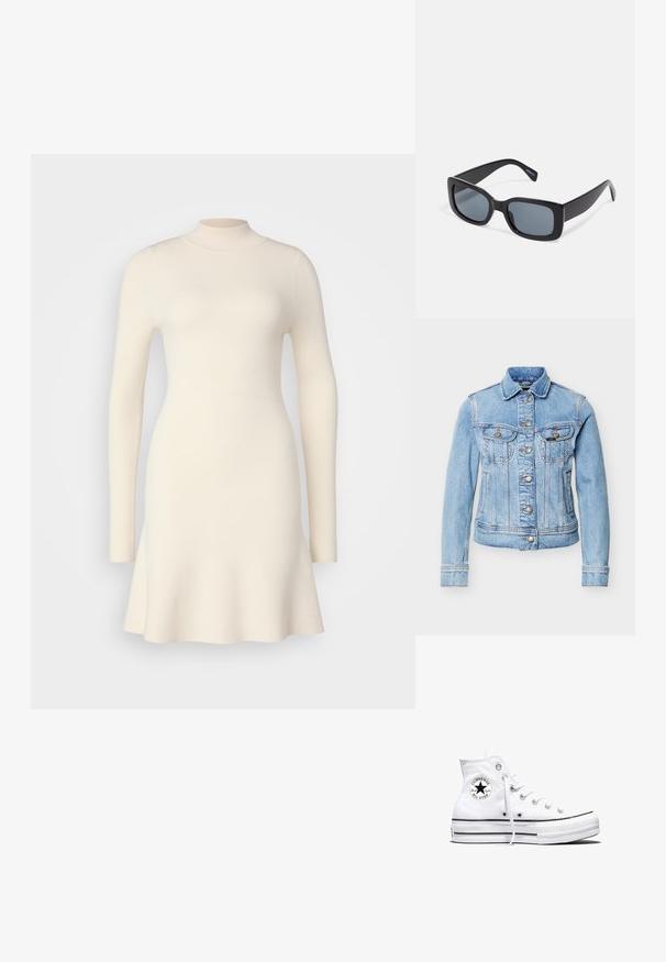 Hellblaue Jeansjacke mit Knopfleiste, zwei Brustklappentaschen, Seitentaschen und langen Ärmeln vor einfarbigem Hintergrund.; Strickkleid mit langen Ärmeln in Off-White, hohem Ausschnitt und ausgestelltem Saum, das eine glatte Textur und einen taillierten Oberkörper aufweist.; Weißer Converse Chuck Taylor All Star High-Top-Sneaker mit schwarzem Logo-Patch und weißen Schnürsenkeln, dargestellt auf weißem Hintergrund.; Schwarze rechteckige Sonnenbrille mit dunkel getönten Gläsern, dickem Kunstrahmen und breiten Bügeln. Glatte Oberfläche und kantiges Design.