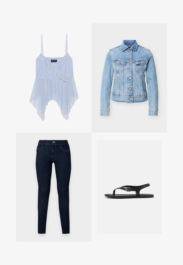 Lichtblauwe spijkerjasje met knoopsluiting aan de voorkant, twee borstflapzakken, zijzakken en lange mouwen op een effen achtergrond.; Even&Odd Top - sky blue; Donkerblauwe skinny jeans van denimstof, met een sluiting met een knoop aan de voorkant, riemlussen en vier zakken met een gladde textuur.; Zwarte platte sandaal met enkelriempje, teenstuk en zilveren gesp op een gladde zool, zijaanzicht op witte achtergrond.
