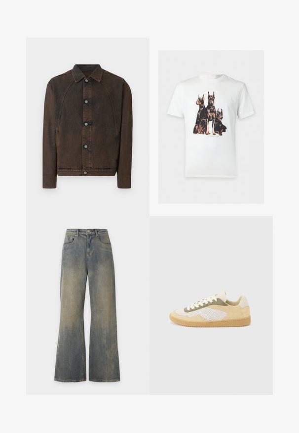 Veste en jean marron foncé avec fermeture à boutons, manches longues et col pointu, présentée sur un fond clair uni.; T-shirt blanc à manches courtes avec un graphique de trois chiens Doberman, deux debout et un couché, imprimé sur le devant.; Jean bleu délavé à jambes larges avec poches avant et passants de ceinture, présenté sur un fond clair uni.; Baskets basses en daim beige, panneaux en maille blanche, accents olive, lacets blancs et semelle en caoutchouc naturel sur fond gris clair.