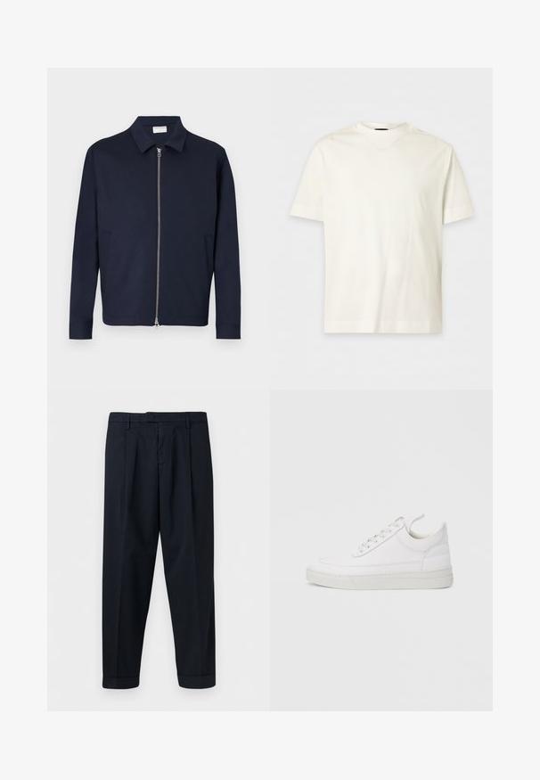 Veste bleu marine foncé zippée avec col et manches longues, dotée de deux poches latérales et d'une fermeture éclair argentée à l'avant.; T-shirt blanc uni en coton à manches courtes avec col rond et logo en relief discret sur le côté gauche de la poitrine.; Pantalon bleu marine ajusté avec passants de ceinture, plis à l'avant et ourlets retroussés, présenté sur un fond blanc.; Baskets en cuir blanc avec un embout arrondi, une semelle plate et un laçage à l'avant. Présentent des détails de couture et un col rembourré pour plus de confort.
