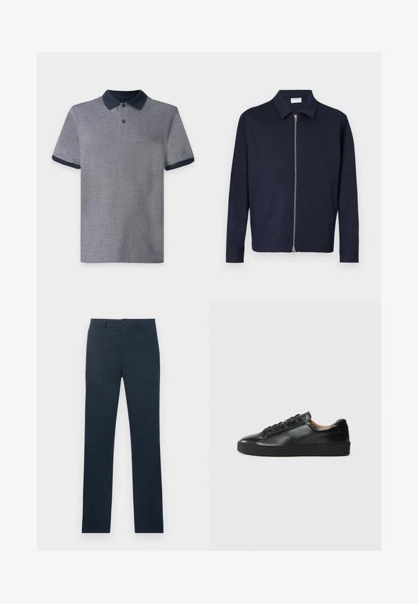 Veste bleu marine foncé zippée avec col et manches longues, dotée de deux poches latérales et d'une fermeture éclair argentée à l'avant.; Polo gris à manches courtes avec col et bords de manches bleu marine foncé, doté de deux boutons et d’un petit logo sur la poitrine sur un fond uni.; Pantalon bleu marine coupe slim avec passants de ceinture, fermeture par bouton et devant plat, présenté sur un fond clair uni.; Baskets en cuir noir avec une texture lisse, bout rond et fermeture à lacets. Comprend une semelle en caoutchouc épaisse et un minimum de détails de marque.