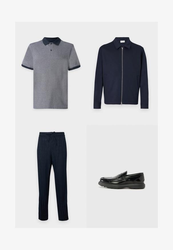 Veste bleu marine foncé zippée avec col et manches longues, dotée de deux poches latérales et d'une fermeture éclair argentée à l'avant.; Polo gris à manches courtes avec col et bords de manches bleu marine foncé, doté de deux boutons et d’un petit logo sur la poitrine sur un fond uni.; Pantalons rayés navy en tissu léger, avec une taille élastique et un cordon de serrage. Design à jambe droite avec une texture subtile.; Mocassin en cuir noir avec une finition brillante, bout arrondi, détails de couture subtils et semelle en caoutchouc épaisse pour la durabilité.