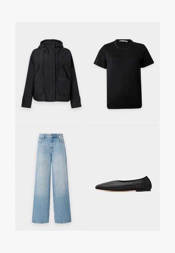 Zwarte hooded jas met voorzakken met klep, verstelbare trekkoorden aan de capuchon en klittenbandsluitingen aan de manchetten.; Eenvoudig zwart T-shirt met korte mouwen en ronde hals, plat gelegd op een witte achtergrond met een zichtbaar merklabel in de kraag.; Lichtblauwe wijde jeans met een hoge taille, met vervaging bij de benen, riemlussen en een traditionele metalen knoop en ritssluiting.; Zwarte ballerinas van geperforeerd leer met spitse neus en lage hak, zijaanzicht op een witte achtergrond.