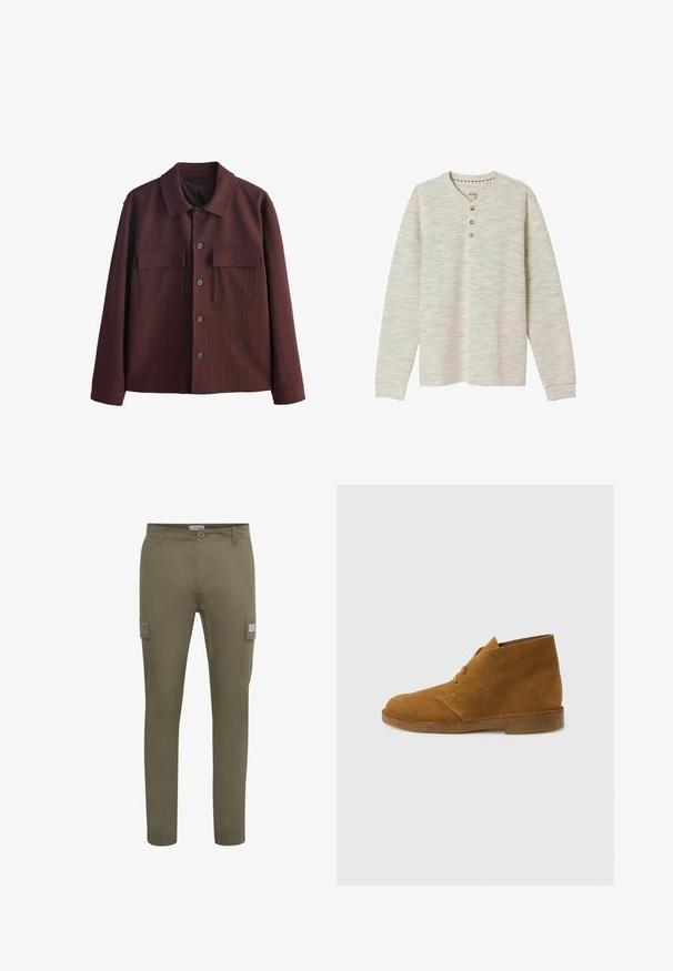 Chaqueta marrón oscuro con botones, mangas largas, dos bolsillos delanteros con solapa y un patrón de tela texturizado.; Camiseta henley de manga larga en gris claro con tres botones de madera y un sutil patrón de punto texturizado, cuello redondo y puños acanalados.; Pantalones cargo verde oliva fabricados con un tejido ligero, con un corte recto, bolsillos laterales y puños elásticos en los tobillos.; Bota desértica marrón de ante hasta el tobillo con dos ojales y suela de crepé sobre fondo liso gris claro.