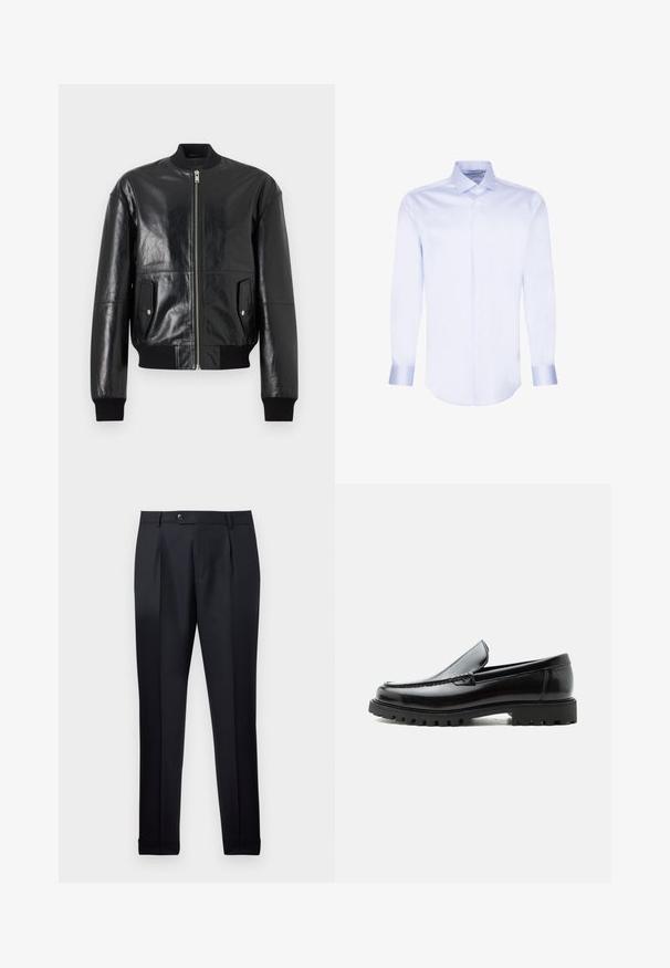 Veste bomber en cuir noir avec fermeture éclair à l'avant, deux poches à rabat avec bouton-pression, poignets côtelés et ceinture côtelée.; Seidensticker BUSINESS REGULAR - Chemise classique - light blue; Pantalon noir formel pour hommes avec plis avant, passants pour ceinture, fermeture par bouton et ourlets avec revers sur fond blanc.; Mocassin en cuir noir avec semelle en caoutchouc épaisse, dessus cousu et nom de marque embossé sur le talon, présenté de profil sur fond blanc.