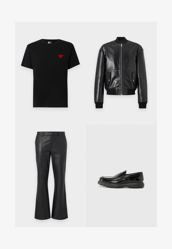 Veste bomber en cuir noir avec fermeture éclair à l'avant, deux poches à rabat avec bouton-pression, poignets côtelés et ceinture côtelée.; T-shirt en coton noir avec un petit design de cœur rouge et d'une flèche sur le côté gauche de la poitrine. Encolure standard à col rond avec des manches courtes.; Pantalon en cuir noir avec une taille mi-haute, des passants pour ceinture, des coutures avant détaillées et un léger évasement au bas des jambes.; Mocassin en cuir noir avec une finition brillante, bout arrondi, détails de couture subtils et semelle en caoutchouc épaisse pour la durabilité.