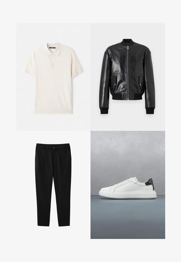 Chaqueta bomber de cuero negro con cremallera frontal, dos bolsillos con botones a presión, puños acanalados y cinturilla acanalada.; Camisa polo beige clara con un cuello clásico, tapeta de tres botones y mangas cortas. Fabricada en un tejido suave y liso. Diseño simple sin patrones.; Pantalones negros estrechos con cintura elástica, botón frontal, bolsillos laterales y pliegues debajo de la cintura.; Zapatilla blanca con parte superior de cuero suave y un acento en el talón negro contrastante. Presenta cordones planos y una suela de goma texturizada.