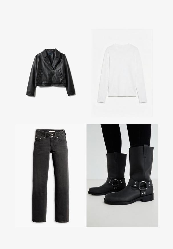 Zwarte cropped leren jas met brede revers, asymmetrische voorrits en twee schuine zijzakken, plat neergelegd op witte achtergrond.; Effen wit, langarmig shirt met ronde hals, plat neerligt op een witte ondergrond, waarbij de voorkant en de volledige mouwlengte zichtbaar zijn.; Zwarte straight-leg jeans met voor- en achterzakken, riemlussen en dubbele knoopsluiting bij de taille.; ONLY SHOES ONLBAX - Cowboy-/Bikerlaarzen - black