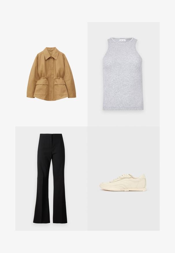 Chaqueta marrón de gran tamaño con cuello ancho, cintura elástica y dos grandes bolsillos delanteros con solapa, mostrada sobre un fondo blanco.; Top sin mangas de color gris, confeccionado en una tela de punto texturizada, con un escote redondo y un ribete en contraste alrededor del cuello.; Pantalones de campana negros hechos de una tela suave, con cintura alta, pliegues delanteros y un acabado limpio en los bajos.; Zapatilla de perfil bajo color crema con costuras onduladas, cierre de cordones y suela acanalada, mostrada de lado sobre un fondo liso.