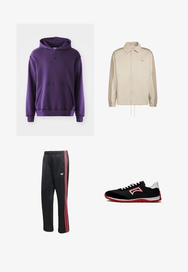 Chaqueta beige de Adidas con mangas largas, cierre de botones delantero, puños elásticos, tres rayas en las mangas y pequeño logo Trefoil en el pecho.; Sudadera púrpura hecha de un tejido suave, con un bolsillo canguro, puños acanalados y un pequeño logo negro en el pecho. Diseño minimalista.; Pantalones deportivos negros con textura acanalada vertical, con franjas laterales en rojo y blanco y un pequeño logotipo blanco en la pierna izquierda.; Zapatilla deportiva negra con detalles rojos, parte superior de malla, cordones blancos y suela de goma texturizada. Presenta un logotipo en rojo y blanco en el lateral.