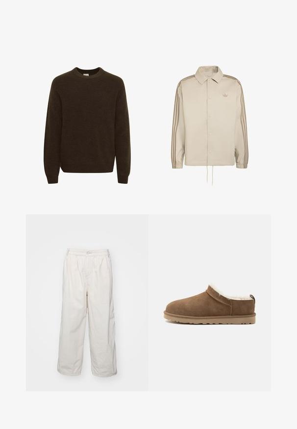 Beige Adidas jakke med lange ærmer, knapper foran, elastiske manchetter, tre striber på ærmerne og lille Trefoil-logo på brystet.; Brun striktrøje med rund halsudskæring, lange ærmer og en blød tekstur. Designet har et ribbet mønster overalt.; Hvide bomulds bukser med brede ben og elastisk talje, med en frontknaplukning og sidelommer. Glat tekstur og minimalistisk design.; Brun ruskind slip-on hjemmesko med beige sål og hvid fleecefor, designet til indendørs varme og komfort.