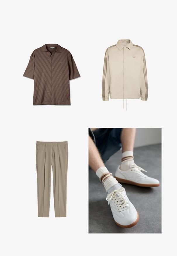 Chaqueta beige de Adidas con mangas largas, cierre de botones delantero, puños elásticos, tres rayas en las mangas y pequeño logo Trefoil en el pecho.; Camisa polo de manga corta marrón con cuello en V, que presenta un patrón texturizado en zigzag y un sutil detalle de logo en el pecho.; Pantalones beige de pierna recta con cintura elástica, bolsillos laterales, trabillas para el cinturón y detalle de pliegues delanteros.; Zapatillas de cuero blanco con una textura suave, detalles en gamuza gris, suelas de goma beige y cordones planos. Combinadas con calcetines a rayas en tonos crema y marrón.