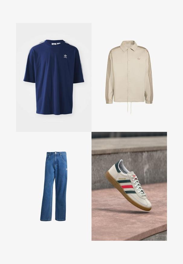 Beige Adidas jas met lange mouwen, knopen aan de voorkant, elastische manchetten, drie strepen op de mouwen en klein Trefoil-logo op de borst.; Navy blauwe katoenen T-shirt met korte mouwen, ronde hals, drie witte strepen op de schouders en een klein wit logo op de borst.; Blauwe hoge taille wijde spijkerbroek met voorzakken, riemlussen, knoopsluiting en klein Adidas-logo op de rechterdij.; Witte Adidas sneaker met groene en rode strepen, rubberen zool en "SPEZIAL" branding die boven een stenen bestrating zweeft.
