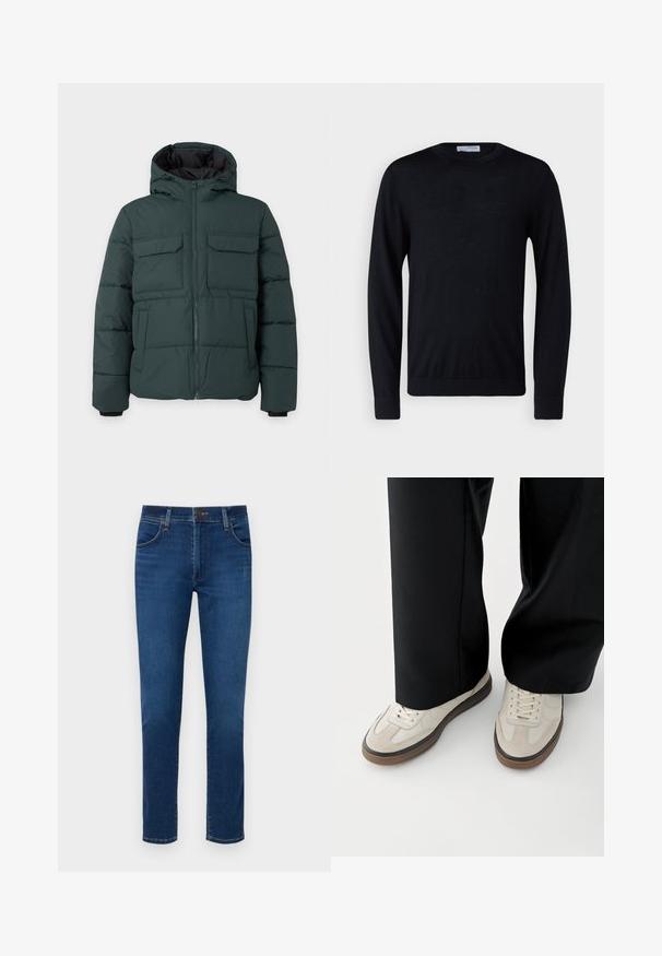 Dunkelgrüne gesteppte Jacke mit Kapuze, Frontreißverschluss, zwei Klappbrusttaschen und zwei Seitentaschen auf einfarbig hellem Hintergrund.; Schwarzer Pullover mit langen Ärmeln und Rundhalsausschnitt, mit gerippten Bündchen und Saum, vor weißem Hintergrund präsentiert.; Dunkelblaue Jeans aus Denim mit geradem Bein, vorderen Taschen und einem Knopfverschluss am Bund. Glatte Textur, minimale Details.; Füße mit beigen Sneakers mit braunen Sohlen und schwarzen Hosen mit weitem Bein auf weißem Hintergrund.