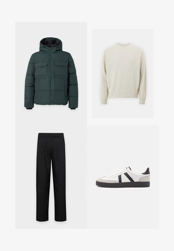 Veste matelassée vert foncé avec capuche, fermeture éclair sur le devant, deux poches poitrine à rabat et deux poches latérales sur un fond clair uni.; Sweatshirt beige clair en tissu doux avec un col rond, des manches longues et des poignets et un ourlet côtelés. Design minimaliste, sans motifs visibles.; Pantalons noirs en tissu lisse, avec une coupe droite, deux plis avant et une taille standard avec passants de ceinture.; Baskets blanches avec des accents noirs et gris, présentant un embout texturé gris, une semelle en caoutchouc noir et des lacets plats blancs. Design épuré, style minimaliste.