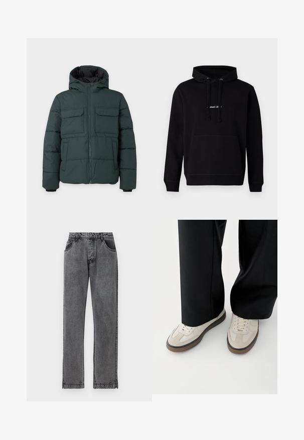 Chaqueta acolchada de color verde oscuro con capucha, cremallera frontal, dos bolsillos de solapa en el pecho y dos bolsillos laterales sobre un fondo liso y claro.; Sudadera negra de algodón con un bolsillo frontal, capucha con cordón y un pequeño logo bordado en el pecho. Corte clásico con puños acanalados.; Vaqueros de mezclilla negra con un diseño de pierna recta, que cuentan con cinco bolsillos, un cierre de botón y sutiles detalles de costura en las costuras.; Pies con zapatillas beige con suelas marrones y pantalones negros de pierna ancha sobre un fondo blanco.