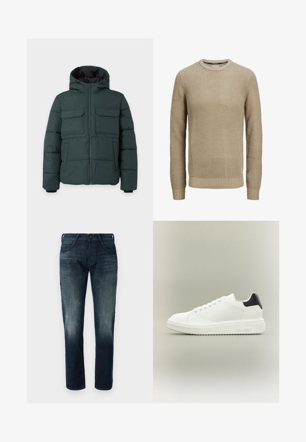 Mørkegrøn polstret jakke med hætte, frontlynlås, to klaplommer på brystet og to sidelommer på en ensfarvet lys baggrund.; Beige langærmet strikket sweater med tekstureret vaffelmønster, rund halsudskæring samt ribstrikkede manchetter og kant.; Mørkeblå lige ben denim jeans med let fading på lårene og knæene, frontknap og lynlås lukning, samt fem-lomme stil.; Hvid lav sneakers med tyk sål, snørelukning foran og sort hælstrop, mærket med "Steve Madden" på siden af sålen.