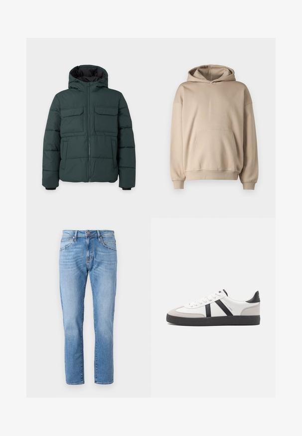 Donkergroene gewatteerde jas met capuchon, ritssluiting aan de voorkant, twee klepzakken op de borst en twee zijzakken op een effen lichte achtergrond.; Beige capuchon sweatshirt, zachte stof, losse pasvorm, kangoeroezak, ribgebreide manchetten en zoom, minimalistisch ontwerp, gladde textuur.; Lichtblauwe denim jeans met een recht model, klassieke vijf-pocketdesign, subtiele vervaging en een contrasterende knoopsluiting bij de taille.; Witte sneaker met zwarte en grijze accenten, voorzien van een grijze neus met textuur, zwarte rubberen zool en platte witte veters. Schoon ontwerp, minimalistische stijl.