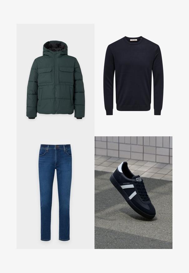Chaqueta acolchada de color verde oscuro con capucha, cremallera frontal, dos bolsillos de solapa en el pecho y dos bolsillos laterales sobre un fondo liso y claro.; Jersey de cuello redondo azul marino de manga larga con puños, dobladillo y cuello acanalados, con etiqueta "Only & Sons" en el interior del cuello.; Vaqueros de denim azul oscuro con un diseño de pierna recta, bolsillos frontales y un cierre de botón en la cinturilla. Textura suave, detalles mínimos.; Zapatilla de cuero negra con rayas blancas, suela de goma texturizada y parte frontal con cordones. Cuenta con una etiqueta de marca en la lengüeta.