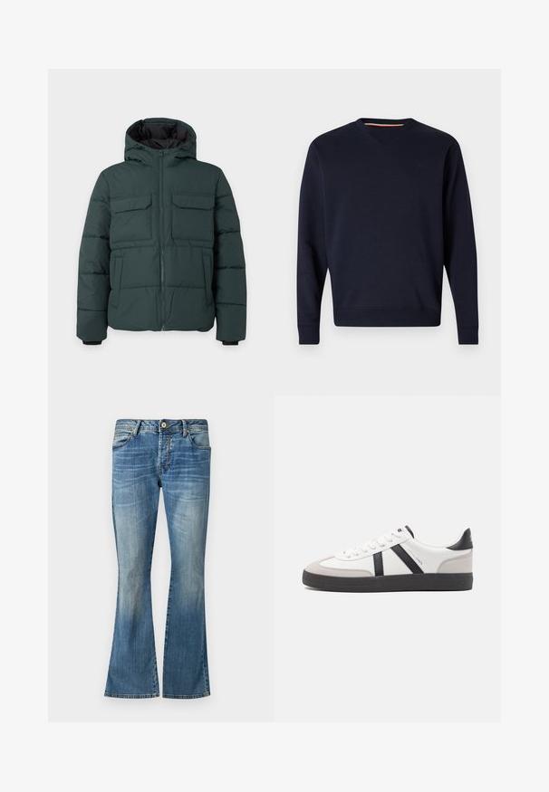 Mørkegrøn polstret jakke med hætte, frontlynlås, to klaplommer på brystet og to sidelommer på en ensfarvet lys baggrund.; Replay Sweatshirt - night blue; Blå flare jeans lavet af denim med et falmet vask. Har fem bæltesløjfer, en knaplukning og klassiske syninger.; Hvide sneakers med sorte og grå detaljer, med en tekstureret grå tåhætte, sort gummisål og flade hvide snørebånd. Rent design, minimalistisk stil.