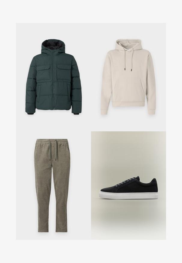 Veste matelassée vert foncé avec capuche, fermeture éclair sur le devant, deux poches poitrine à rabat et deux poches latérales sur un fond clair uni.; Sweat-shirt à capuche beige clair, avec une poche avant, des cordons de serrage et des poignets côtelés. Fabriqué en tissu doux et lisse avec une coupe décontractée.; Pantalon en velours côtelé vert olive avec taille élastique et cordon, avec poches latérales et coupe droite.; Baskets basses noires avec semelle en caoutchouc blanche, design à lacets et col rembourré, présentées sur un fond gris neutre.