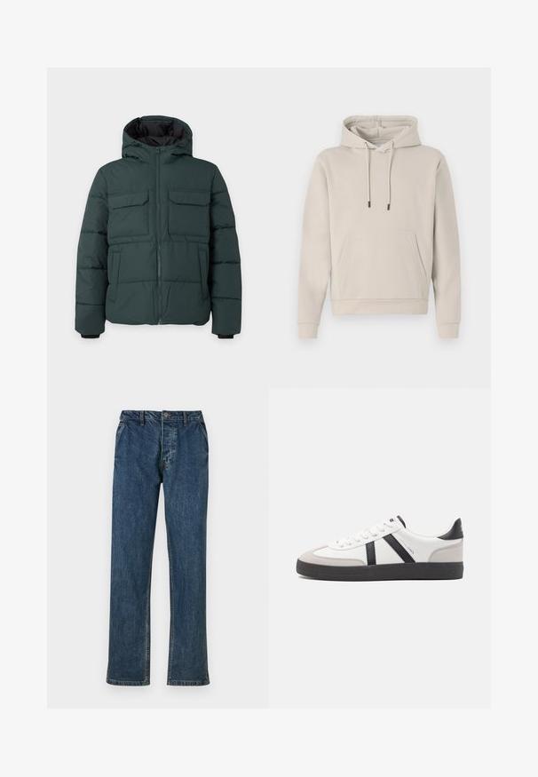 Dunkelgrüne gesteppte Jacke mit Kapuze, Frontreißverschluss, zwei Klappbrusttaschen und zwei Seitentaschen auf einfarbig hellem Hintergrund.; Kapuzensweatshirt in hellbeige, mit einer Fronttasche, Kordelzügen und gerippten Bündchen. Aus weichem, glattem Stoff gefertigt mit einer lockeren Passform.; Blaue Denim-Jeans mit geradem Bein, Fünf-Taschen-Design und Knopfverschluss. Der Stoff zeigt eine subtile Textur mit verblassten Akzenten.; Weiße Sneaker mit schwarz- und grau-aczenten, ausgestattet mit einer strukturierten grauen Zehenkappe, schwarzer Gummi-Sohle und flachen weißen Schnürsenkeln. Sauberes Design, minimalistische Stil.