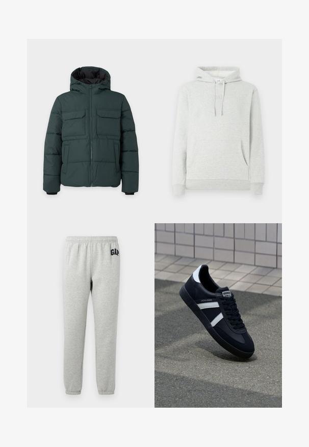 Dunkelgrüne gesteppte Jacke mit Kapuze, Frontreißverschluss, zwei Klappbrusttaschen und zwei Seitentaschen auf einfarbig hellem Hintergrund.; Hellgrauer Hoodie mit einer Kordelzugkapuze, Taschen vorne, gerippten Bündchen und Saum, sowie einem dezenten, eingeprägten Logo auf der Brust.; Graue Jogginghose mit elastischem Bund, abgeklebten Knöcheln und einem dunkelblauen "GAP"-Logo auf dem linken Oberschenkel. Weicher Baumwollmischstoff.; Schwarze Leder-Sneaker mit weißen Streifen, strukturiertem Gummisohle und Schnürung. Verfügt über ein Markenetikett auf der Zunge.