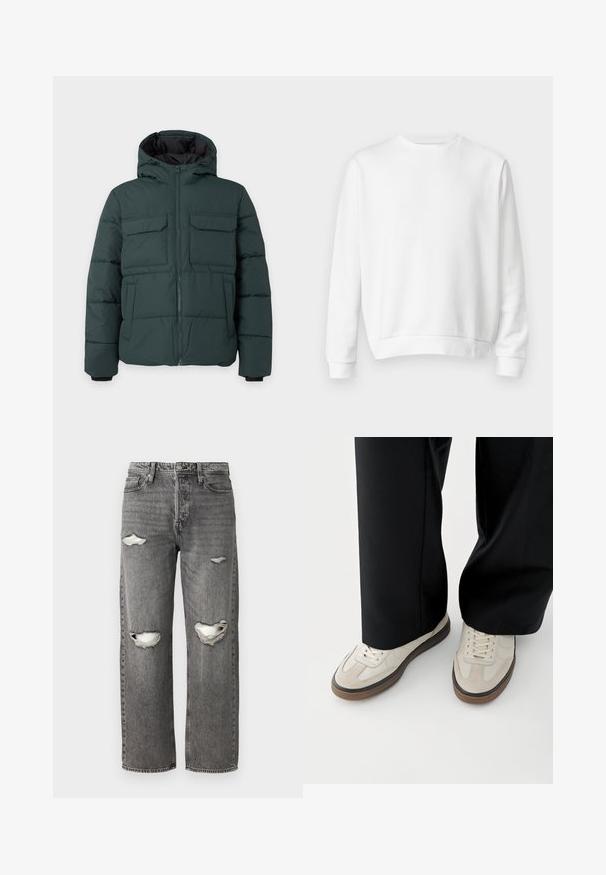 Chaqueta acolchada de color verde oscuro con capucha, cremallera frontal, dos bolsillos de solapa en el pecho y dos bolsillos laterales sobre un fondo liso y claro.; Sudadera blanca de cuello redondo hecha de suave tejido de algodón. Mangas largas, puños y dobladillo acanalados, textura suave y diseño minimalista.; Jeans de denim gris con un ajuste holgado, presentando desgastes en las rodillas, un diseño clásico de cinco bolsillos y un cierre con cremallera.; Pies con zapatillas beige con suelas marrones y pantalones negros de pierna ancha sobre un fondo blanco.