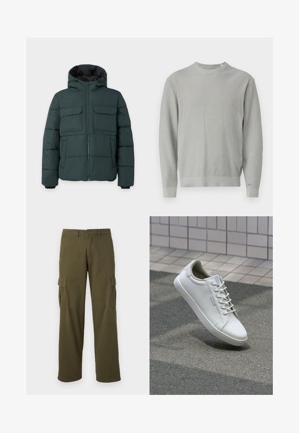 Mørkegrøn polstret jakke med hætte, frontlynlås, to klaplommer på brystet og to sidelommer på en ensfarvet lys baggrund.; Lysegrå, langærmet sweater med rund hals, tekstureret strikkemønster samt ribstrikkede manchetter og kant.; Olivengrønne cargo-bukser med lige ben-design, der har sidelommer, knaplukning og et holdbart stof.; Hvide sneakers lavet af tekstureret læder, med snørelukning, robust gummisål og minimalistisk design med forstærket tå.