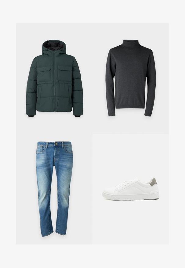 Dunkelgrüne gesteppte Jacke mit Kapuze, Frontreißverschluss, zwei Klappbrusttaschen und zwei Seitentaschen auf einfarbig hellem Hintergrund.; Dunkelgrauer Rollkragenpullover aus weichem Material, mit langen Ärmeln sowie gerippten Bündchen und Saum, mit einer glatten, gleichmäßigen Textur.; Blaue ausgewaschene gerade Jeans mit fünf Taschen, Knopfverschluss und sichtbaren Nahtdetails auf der Vorderseite.; Weißer Sneaker aus glattem Leder, runde Zehenpartie, minimalistisches Design, graue Fersenkante und strukturierte Gummisohle.