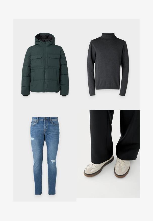 Dunkelgrüne gesteppte Jacke mit Kapuze, Frontreißverschluss, zwei Klappbrusttaschen und zwei Seitentaschen auf einfarbig hellem Hintergrund.; Dunkelgrauer Rollkragenpullover aus weichem Material, mit langen Ärmeln sowie gerippten Bündchen und Saum, mit einer glatten, gleichmäßigen Textur.; Verblasste blaue Jeans im Slim-Fit, mit zerstörten Stellen an den Knien, einem Knopfverschluss und einem Fünf-Taschen-Design.; Füße mit beigen Sneakers mit braunen Sohlen und schwarzen Hosen mit weitem Bein auf weißem Hintergrund.