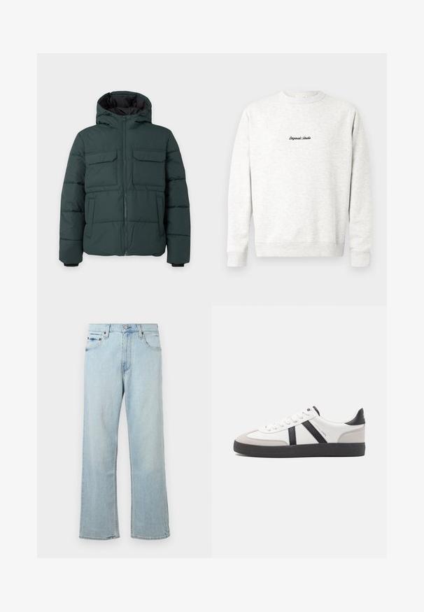 Donkergroene gewatteerde jas met capuchon, ritssluiting aan de voorkant, twee klepzakken op de borst en twee zijzakken op een effen lichte achtergrond.; Lichtgrijze crewneck sweatshirt gemaakt van zachte stof, met een klein zwart 'Originals Studio' logo op de voorkant en geribde manchetten.; Lichtblauwe denim jeans met een losse, wijde pasvorm. Bevat vijf zakken, riemlussen en een ritssluiting met een knoopsluiting.; Witte sneaker met zwarte en grijze accenten, voorzien van een grijze neus met textuur, zwarte rubberen zool en platte witte veters. Schoon ontwerp, minimalistische stijl.