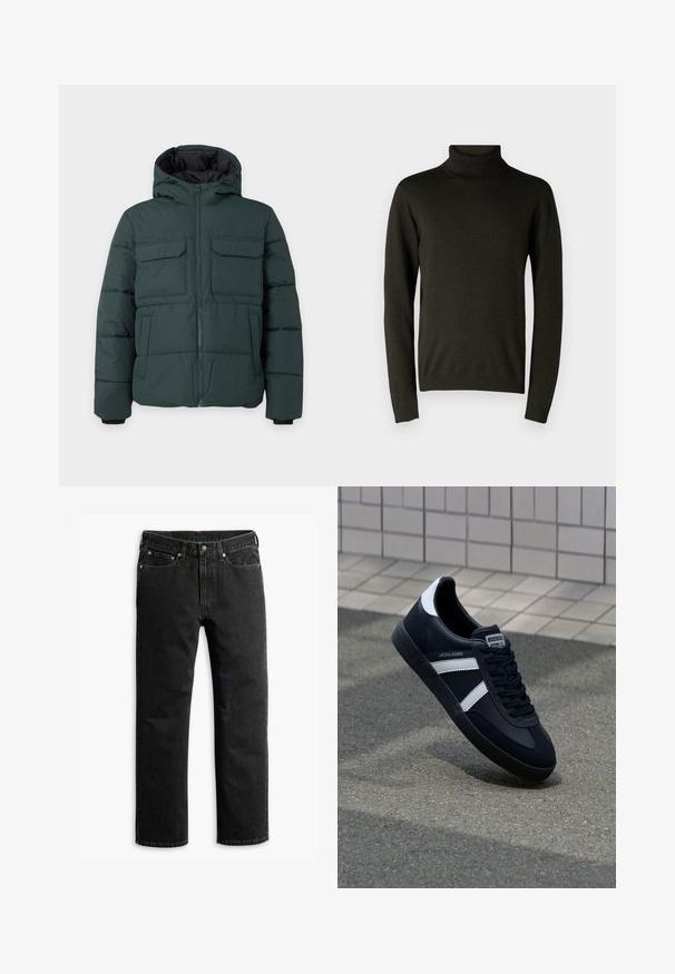 Dunkelgrüne gesteppte Jacke mit Kapuze, Frontreißverschluss, zwei Klappbrusttaschen und zwei Seitentaschen auf einfarbig hellem Hintergrund.; Dunkelgrüner Rollkragenpullover aus weichem Strickmaterial, mit langen Ärmeln und gerippten Bündchen sowie Saum. Glatte Textur mit minimaler Detailgestaltung.; Schwarze Jeans im geraden Schnitt mit fünf Taschen, Gürtelschlaufen und einem Knopfverschluss an der Taille, flach auf einem weißen Hintergrund ausgelegt.; Schwarze Leder-Sneaker mit weißen Streifen, strukturiertem Gummisohle und Schnürung. Verfügt über ein Markenetikett auf der Zunge.