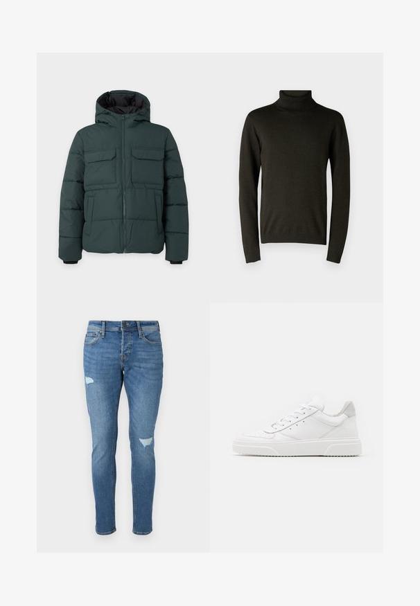 Mørkegrøn polstret jakke med hætte, frontlynlås, to klaplommer på brystet og to sidelommer på en ensfarvet lys baggrund.; Mørkegrøn turtleneck sweater lavet af blødt strikmateriale, med lange ærmer og ribbede manchetter og kant. Glat tekstur med minimal detaljering.; Fadede blå denim jeans med slim fit, der har slidte områder ved knæene, en knaplukning og fem-lomme design.; Hvide lædersneakers med en glat finish, rund tå, flade snørebånd og en struktureret sål. Grå ruskindsdetalje ved hælen.