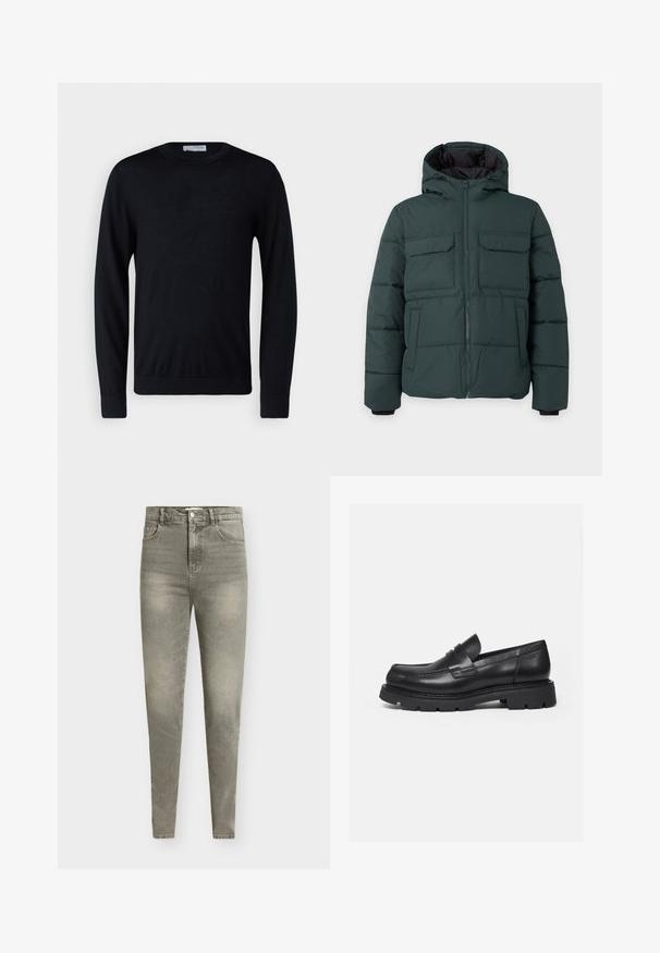 Dunkelgrüne gesteppte Jacke mit Kapuze, Frontreißverschluss, zwei Klappbrusttaschen und zwei Seitentaschen auf einfarbig hellem Hintergrund.; Schwarzer Pullover mit langen Ärmeln und Rundhalsausschnitt, mit gerippten Bündchen und Saum, vor weißem Hintergrund präsentiert.; Hellgraue Skinny Jeans aus Denim mit hoher Taille, fünf Taschen, leichter Used-Optik und dezentem Ausbleichen im gesamten Stoff.; Schwarzer Lederloafer mit dicker, profilierter Sohle und Pennyriemen-Detail, von der rechten Seitenansicht auf weißem Hintergrund gezeigt.