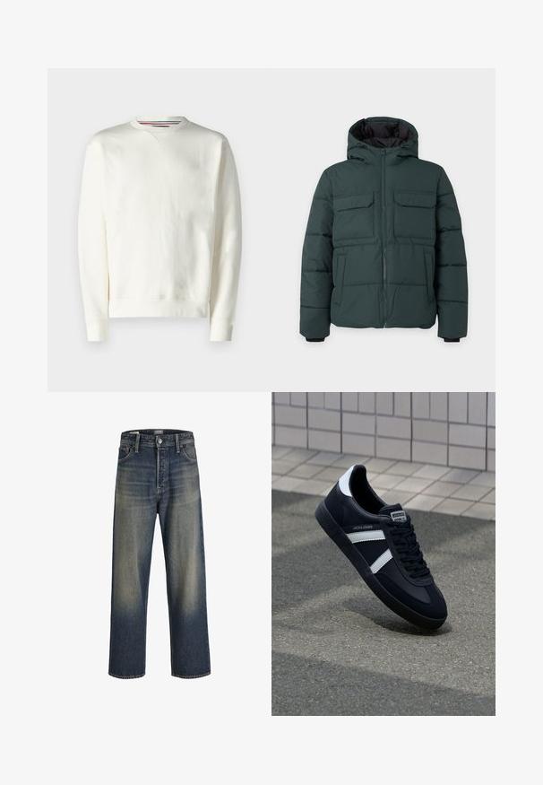 Veste matelassée vert foncé avec capuche, fermeture éclair sur le devant, deux poches poitrine à rabat et deux poches latérales sur un fond clair uni.; Sweat-shirt blanc avec un col rond, des poignets côtelés et un léger détail de logo. Matière douce avec une texture lisse et un design minimaliste.; Jeans large en denim bleu foncé avec une finition dégradée, dotés d'un bouton à fermeture, d'un design à cinq poches et de détails de couture structurés.; Sneaker en cuir noir avec des rayures blanches, semelle en caoutchouc texturée et devant à lacets. Présente une étiquette de marque sur la languette.