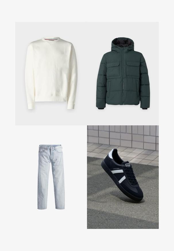 Veste matelassée vert foncé avec capuche, fermeture éclair sur le devant, deux poches poitrine à rabat et deux poches latérales sur un fond clair uni.; Sweat-shirt blanc avec un col rond, des poignets côtelés et un léger détail de logo. Matière douce avec une texture lisse et un design minimaliste.; Jean en denim bleu clair avec un design à jambe droite, fermeture à boutons, cinq poches et une texture de décoloration subtile. Il présente des accents en métal.; Sneaker en cuir noir avec des rayures blanches, semelle en caoutchouc texturée et devant à lacets. Présente une étiquette de marque sur la languette.