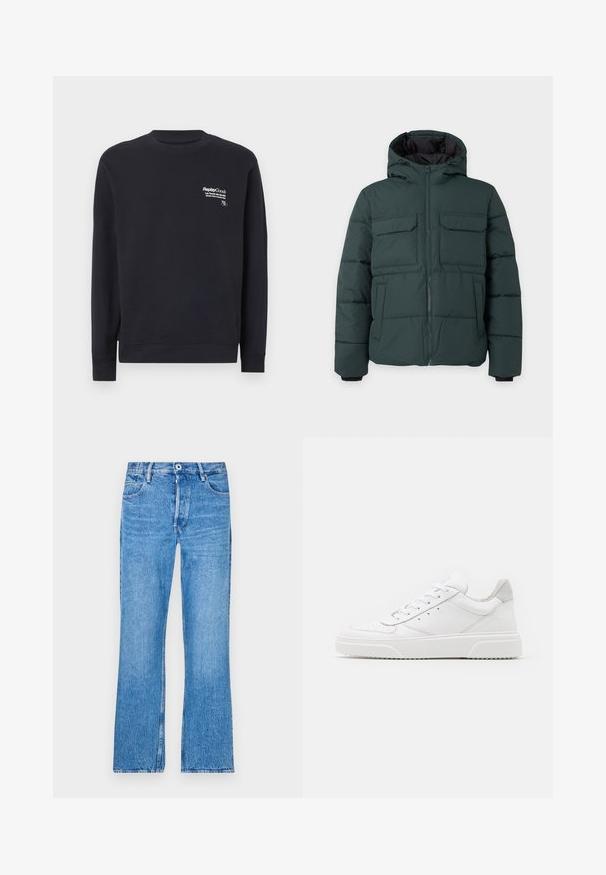 Tume roheline kapuutsiga polsterdatud jakk, ees lukuga, kaks kinnitusklapiga rindtaskut ja kaks küljetaskut ühevärvilisel heledal taustal.; Tumesinise kapuutsiga puuvillane sweatshirt, millel on ümar kaelus, pikad varrukad, ribakuded varrukatel ja valge printitud logo rindkere piirkonnas.; Sinised sirged teksad, mis on valmistatud denimist ja millel on kulunud pesu. Omab nööpkl Closure, vöörihmade silmuseid ja standardset viit taskut.; Valged nahast spordijalatsid siledast nahast viimistlusega, ümarate varvastega, lamekestega ja tekstuuriga tallaga. Hall suede aktsent kanna juures.
