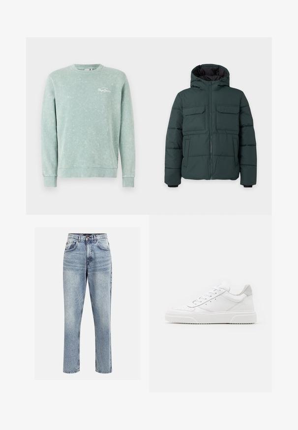 Donkergroene gewatteerde jas met capuchon, ritssluiting aan de voorkant, twee klepzakken op de borst en twee zijzakken op een effen lichte achtergrond.; Lichtgroene sweatshirt van zachte stof, met een ronde hals, lange mouwen, geribde manchetten en een klein wit logo op de borst.; Lichtblauwe denim hoge taille jeans met een rechte pijp, vijf zakken en een knoopsluiting. Heeft subtiele vervaging en stikseldetails.; Witte leren sneakers met een gladde afwerking, ronde neus, platte veters en een gestructureerde zool. Grijze suède accent bij de hiel.