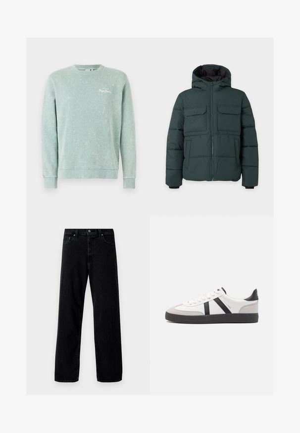 Tume roheline kapuutsiga polsterdatud jakk, ees lukuga, kaks kinnitusklapiga rindtaskut ja kaks küljetaskut ühevärvilisel heledal taustal.; Hele roheline sweatshirt pehmest kangast, ümara kaelusega, pikkade varrukatega, soonikkotidega ja väikese valge logoga rinnal.; Hollister Co. Baggy fit teksad - washed black; Valged tossud mustade ja hallide aktsentidega, tekstureeritud halli varbakattega, musta kummitald ja lamedad valged paelad. Puhtad jooned, minimalistlik stiil.