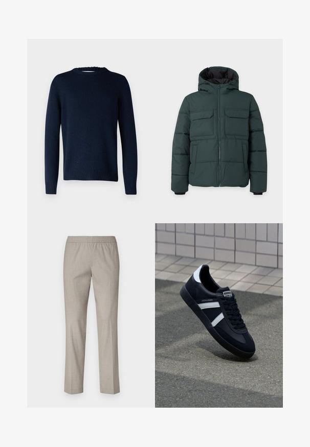 Chaqueta acolchada de color verde oscuro con capucha, cremallera frontal, dos bolsillos de solapa en el pecho y dos bolsillos laterales sobre un fondo liso y claro.; Selected SLMCODY LS KNIT CREW NECK NOOS - Jersey de punto - sky captain; Pantalones grises claros con cintura elástica, diseño de pierna recta y textura de tela suave. Sin patrones visibles ni detalles de hardware.; Zapatilla de cuero negra con rayas blancas, suela de goma texturizada y parte frontal con cordones. Cuenta con una etiqueta de marca en la lengüeta.