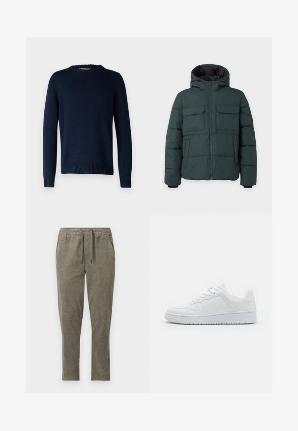 Chaqueta acolchada de color verde oscuro con capucha, cremallera frontal, dos bolsillos de solapa en el pecho y dos bolsillos laterales sobre un fondo liso y claro.; Selected SLMCODY LS KNIT CREW NECK NOOS - Jersey de punto - sky captain; Pantalones de pana verde oliva con cintura elástica y cordón, con bolsillos laterales y corte de pierna recta.; Zapatillas blancas hechas de material sintético liso, con cordones planos, puntera perforada y suela de goma con un patrón de agarre texturizado.