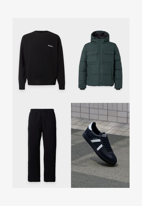 Dunkelgrüne gesteppte Jacke mit Kapuze, Frontreißverschluss, zwei Klappbrusttaschen und zwei Seitentaschen auf einfarbig hellem Hintergrund.; Replay Inc. Sweatshirt - black; Schwarze Sweatpants aus Baumwolle mit einem elastischen Bund und Kordelzügen, geradem Bein Design und ohne sichtbare Muster oder Akzente.; Schwarze Leder-Sneaker mit weißen Streifen, strukturiertem Gummisohle und Schnürung. Verfügt über ein Markenetikett auf der Zunge.