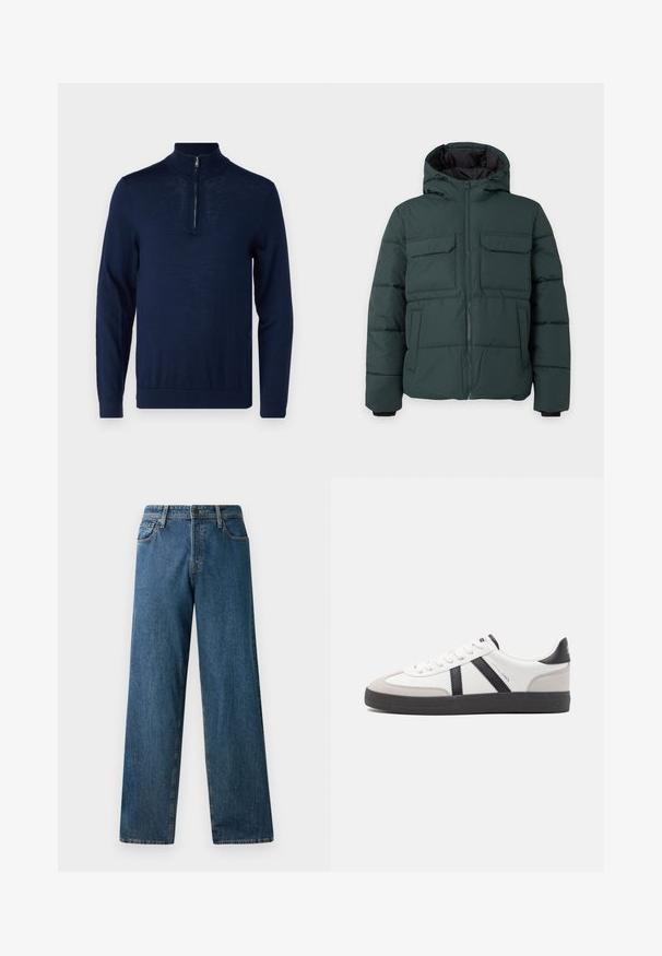 Dunkelgrüne gesteppte Jacke mit Kapuze, Frontreißverschluss, zwei Klappbrusttaschen und zwei Seitentaschen auf einfarbig hellem Hintergrund.; Navyblaues Langarm-Pullover mit einem Viertel-Reißverschluss-Kragen. Glatte Textur, körperbetontes Design, minimale Nahtdetails und keine sichtbaren Logos.; Dunkelblaue Jeans aus Denim mit einem lässigen Schnitt, geraden Beinen, fünf Taschen und kontrastierenden Nähten. Verfügt über einen Frontknopf und einen Reißverschluss.; Weiße Sneaker mit schwarz- und grau-aczenten, ausgestattet mit einer strukturierten grauen Zehenkappe, schwarzer Gummi-Sohle und flachen weißen Schnürsenkeln. Sauberes Design, minimalistische Stil.