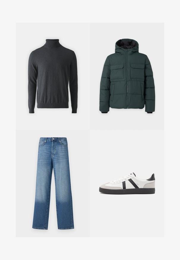 Tmavozelená prešívaná bunda s kapucňou, predný zips, dve náprsné vrecká s chlopňou a dve bočné vrecká na jednolivom svetlom pozadí.; Tmavo šedý rolák vyrobený z mäkkého, rebrovaného úpletu. Má dlhé rukávy a priliehavý pás, s vysokým dizajnom krku.; Modré vysoké pásové rovné džínsy so zosvetlením na stehnách a tmavším odtieňom pri lemoch, viditeľným predným gombíkom a vreckami.; Biele tenisky s čiernymi a šedými akcentmi, s textúrovanou šedou špičkou, čiernou gumovou podrážkou a plochými bielymi šnúrkami. Čistý dizajn, minimalistický štýl.