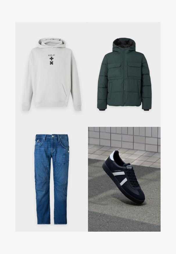 Mørkegrøn polstret jakke med hætte, frontlynlås, to klaplommer på brystet og to sidelommer på en ensfarvet lys baggrund.; Lys grå hoodie med en frontlomme, prydet med sort "REPLAY" tekst og grafiske symboler. Blødt stof, afslappet pasform, ribbet manchetter.; Blå denimbukser med lige snit, der har klassisk fem lomme-design og ekstra sidelommer. Slidt tekstur på stoffet.; Sort lædersneaker med hvide striber, tekstureret gummisål og snørrebånd foran. Har et brandet mærke på tungen.